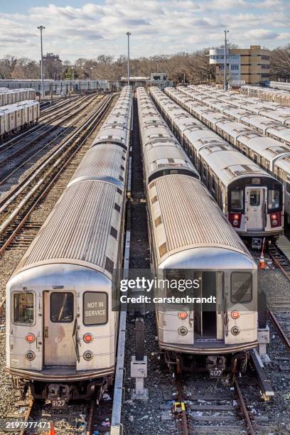 subway trains parked for maintenance - queens new york city stock pictures, royalty-free photos & images