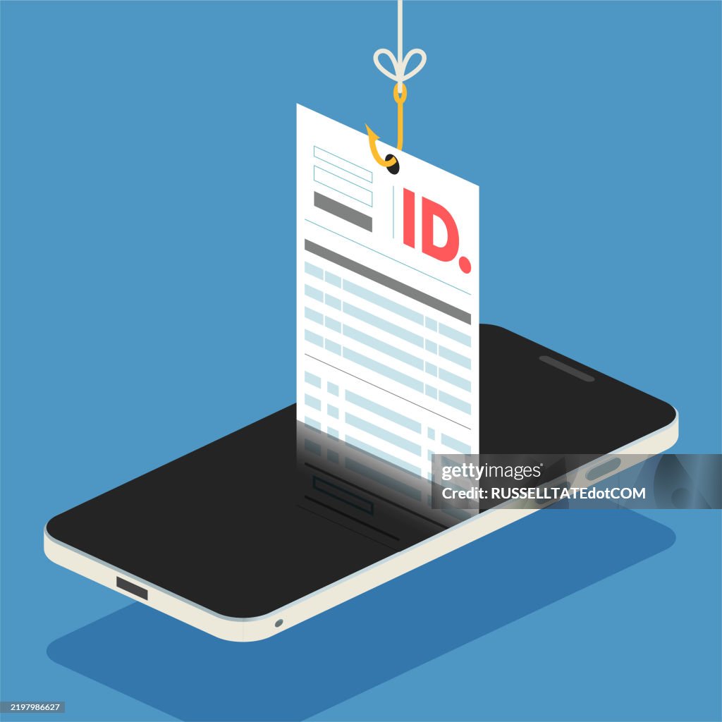 Amo da pesca su una lenza che avvolge un documento d'identità personale da uno smartphone
