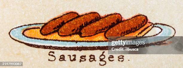 19th century recipes: meat, sausages - outdoor dining stock illustrations