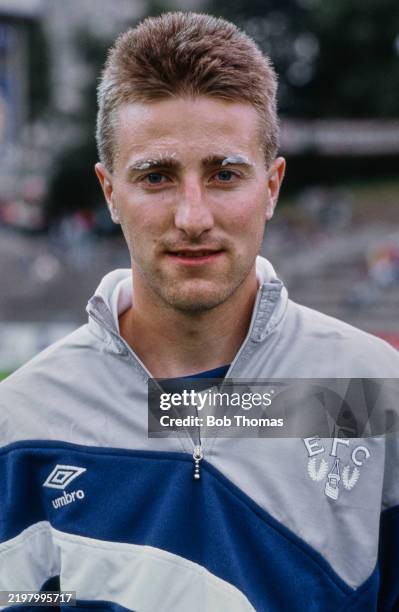 English footballer Neil Adams, midfielder with Everton FC, attends a photocall at the club's Goodison Park Stadium in Liverpool circa 1987.