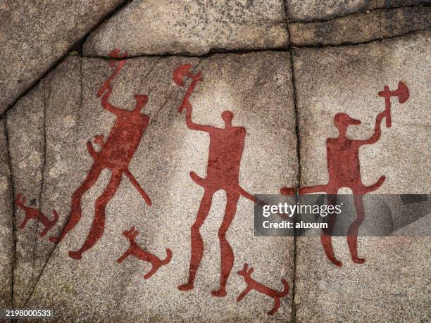 el panel fossum esculturas rupestres de la edad del bronce y de la edad del hierro. suecia - pintura rupestre fotografías e imágenes de stock