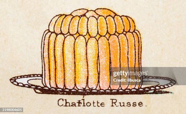 19th century recipes: fruit and dessert, charlotte russe - cake stand stock illustrations