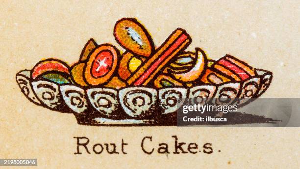 19th century recipes: fruit and dessert, rout cakes - cake stand stock illustrations