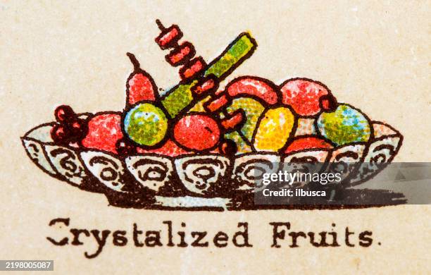 19th century recipes: fruit and dessert, crystalized fruits - cake stand stock illustrations