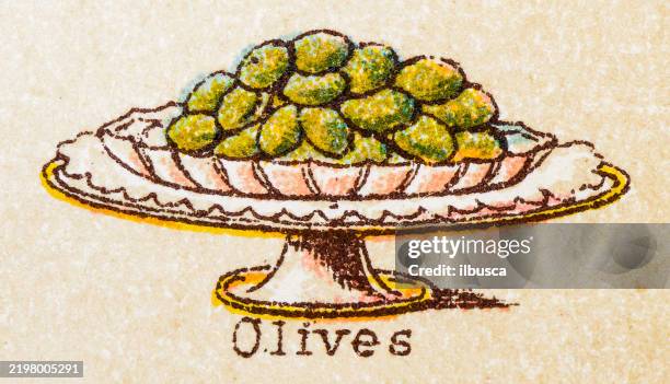 19th century recipes: fruit and dessert, olives - olive illustration stock illustrations