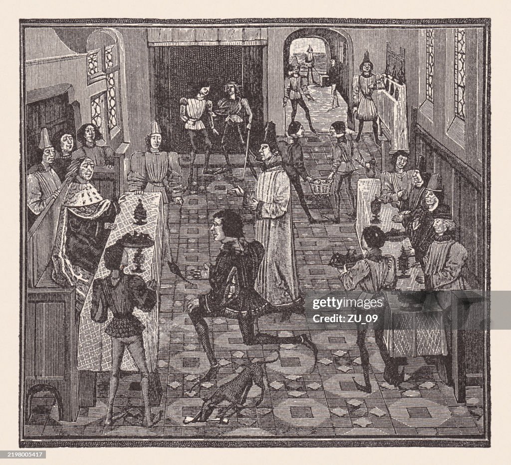 Medieval banquet scene, French, 15th century, facsimile, published 1895
