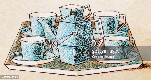 19th century breakfast and tea porcelain: tea service - porcelain stock illustrations