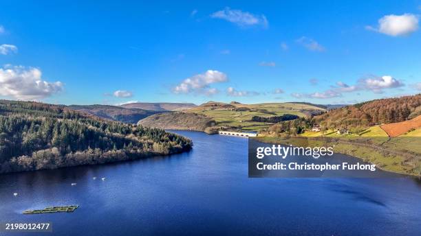 An aerial view of Ladybower Reservoir and the the A57 Snake Pass making its way through the Peak District and over the Pennines on February 06, 2025...