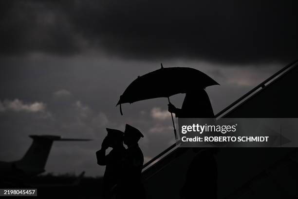 President Donald Trump steps off Air Force One at Naval Air Station Joint Reserve Base New Orleans in Louisiana on February 9, 2025. Trump is in New...