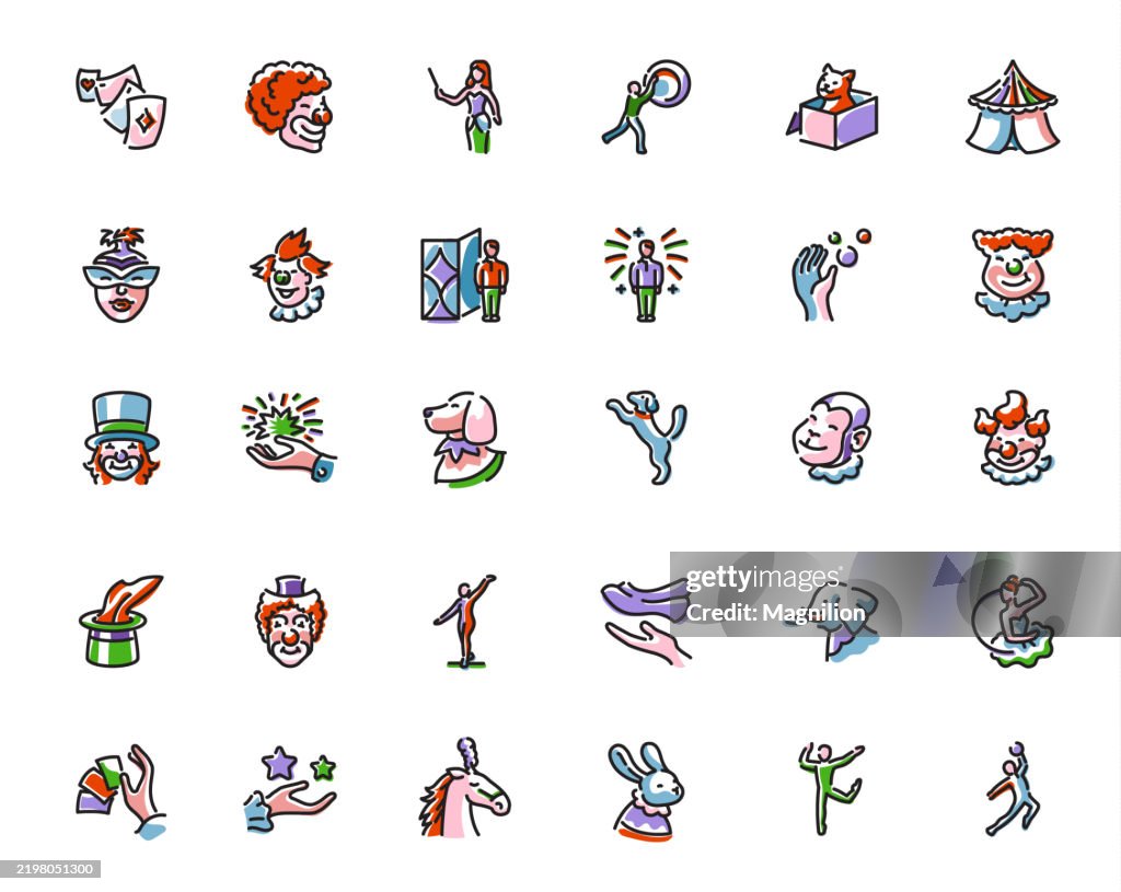 Cartoon-Ikonen zum Thema Zirkus, darunter Clowns, Zauberer, Akrobaten, Tiere und Zirkusrequisiten, illustriert in einem verspielten Stil mit kräftigen Umrissen und leuchtenden Farben. Bearbeitbarer Strich, Vektor-Icons-Set