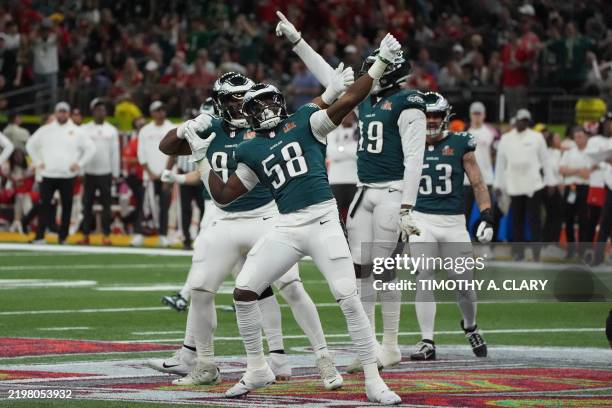 Philadelphia Eagles' outside linebacker Jalyx Hunt celebrates after Philadelphia Eagles' linebacker Josh Sweat sacked Kansas City Chiefs' quarterback...