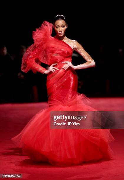 Winnie Harlow walks the runway wearing Christian Siriano Fall/Winter 2025 at Chelsea Industrial on February 06, 2025 in New York City. (Photo by JP...
