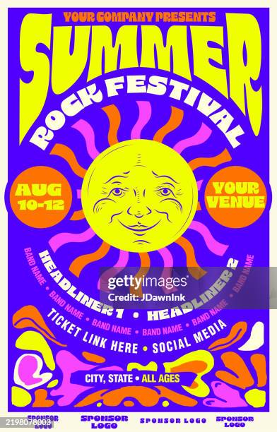 ilustraciones, imágenes clip art, dibujos animados e iconos de stock de festival de rock de verano con sol y plantilla de diseño de tipografía de cartel retro con colores brillantes y formas abstractas - ir al club