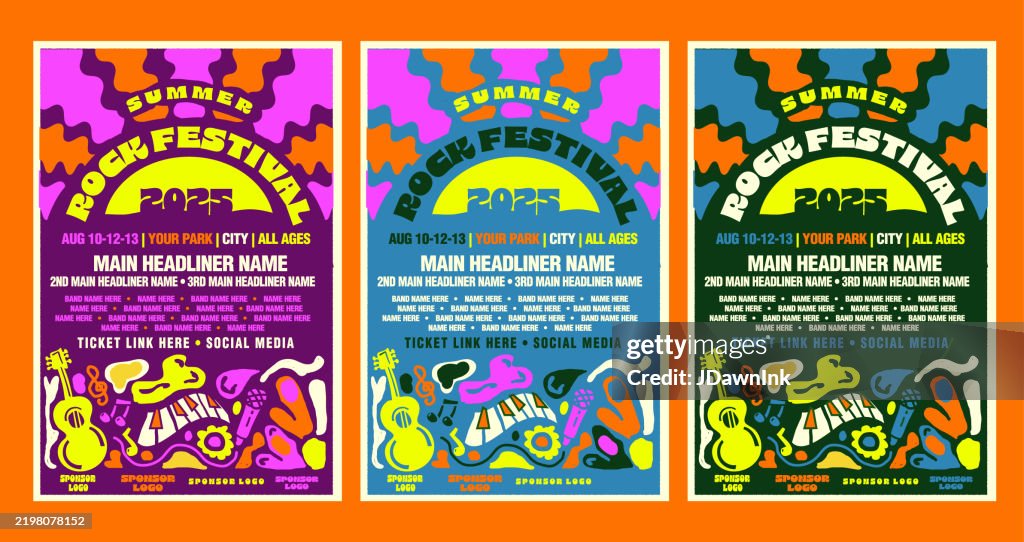 Conjunto de festival de rock de verano con sol y plantilla de diseño de tipografía de cartel retro con colores brillantes y formas abstractas