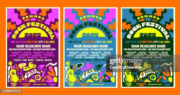 illustrations, cliparts, dessins animés et icônes de ensemble de festival de rock d’été avec soleil et modèle de conception de typographie d’affiche rétro avec des couleurs vives et des formes abstraites - musique