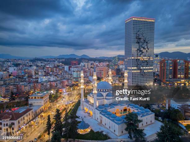 tirana from drone, albanian capital at night - tirana stock pictures, royalty-free photos & images
