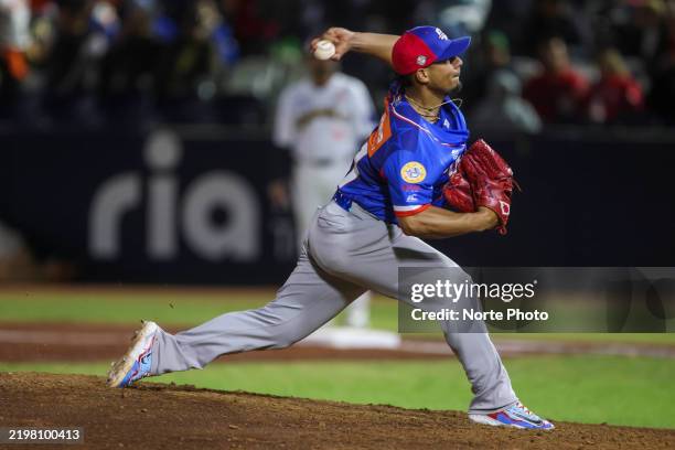 Starting pitcher Luis Leroy Cruz of the Mayaguez Indians of Puerto Rico in the second inning of the game between Puerto Rico and Venezuela as part of...