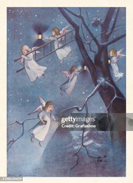 angels bringing presents in the night at forest at christmas eve art nouveau illustration 1899 - old fashioned christmas stock illustrations