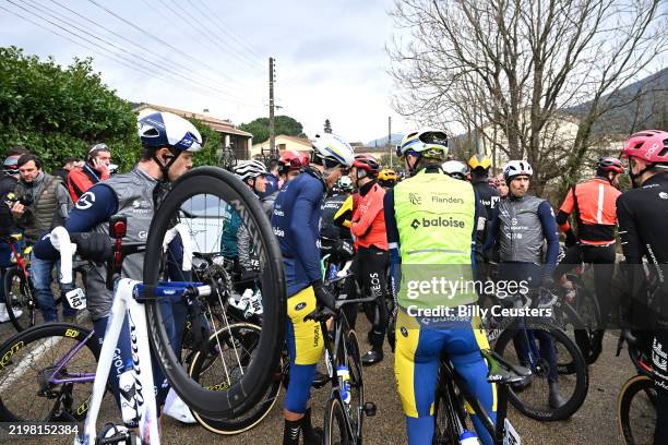 The peloton stops in protest against adverse weather conditions during the 55th Etoile de Besseges - Tour du Gard 2025, Stage 3 a 164.05km stage from...
