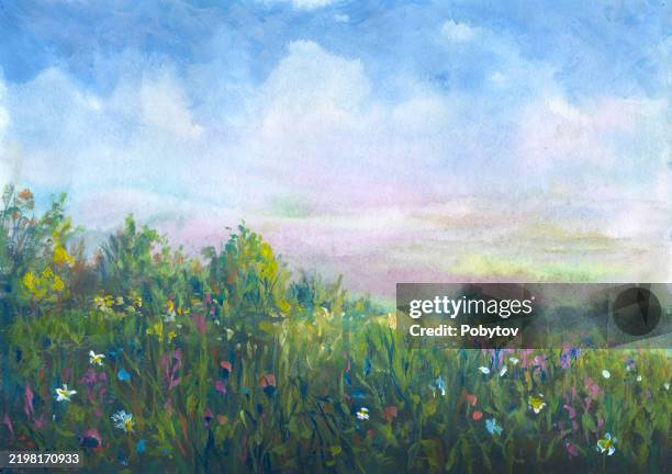 summer meadow, painting - impressionism art stock illustrations