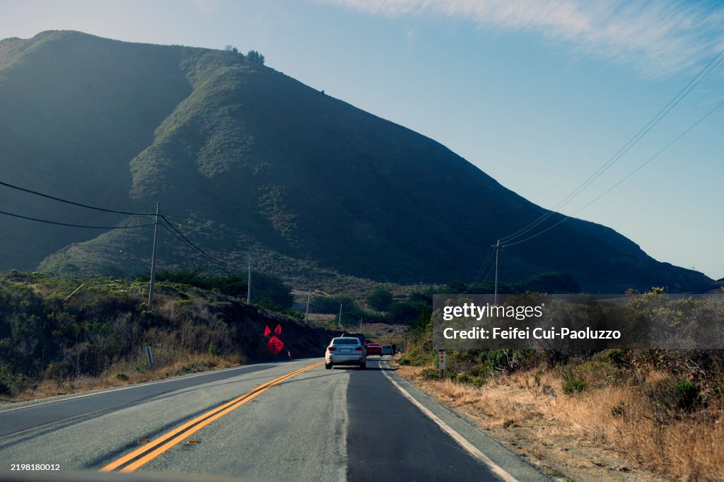 Road work ahead sign at Big Sur coast