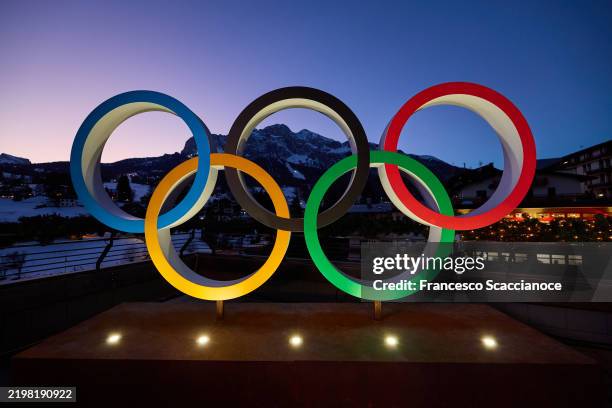 General view of the Olympic rings in front of the Olympia delle Tofane ski run during Milano Cortina 2026 Winter Olympic Games - 1 Year To Go event...