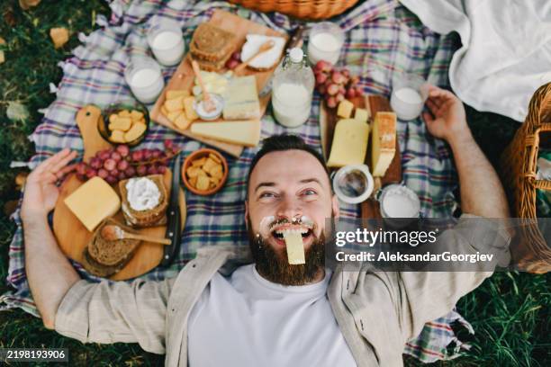 goofy male lying on picnic blanket tasting yellow cheese and smiling - kaas stockfoto's en -beelden