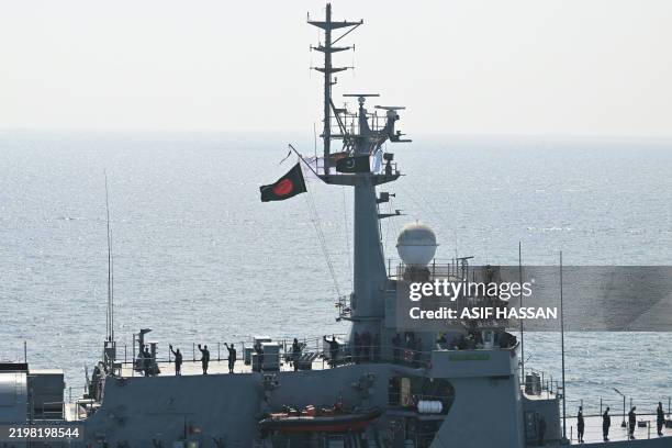 Bangladesh Navy Ship Somdura Joy take part during the multinational naval exercise AMAN-25 in the Arabian Sea near Pakistan's port city of Karachi on...