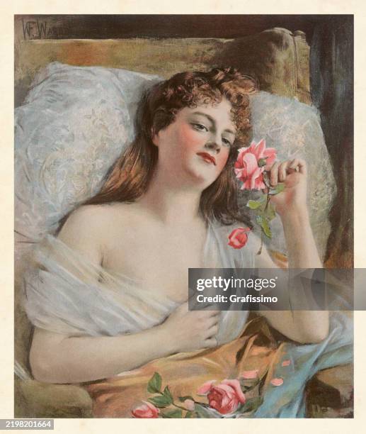 beautiful woman lying in bed day dreaming smelling at rose art nouveau illustration 1897 - art nouveau stock illustrations