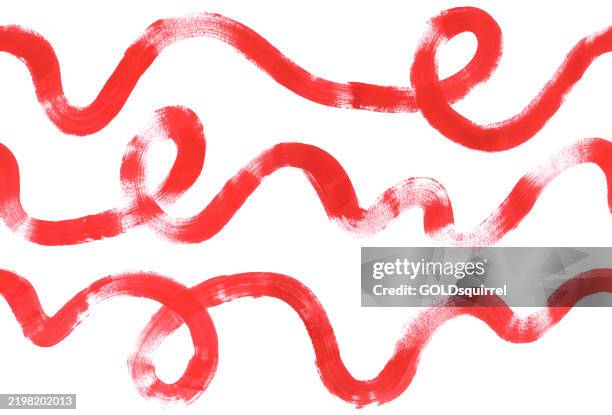 drei flache handbemalte rote bänder - ungleichmäßige, unvollkommene einzelne linien, die auf weißem papierhintergrund gebogen sind - illustration in vektor - geschenkdesign-element mit originellem textureffekt - aquarelleffekt stock-grafiken, -clipart, -cartoons und -symbole