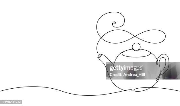 stockillustraties, clipart, cartoons en iconen met teapot single line drawing banner with copy space - theepot