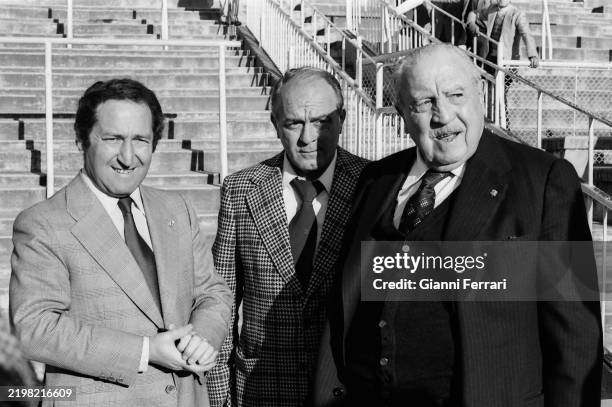 Spanish soccer player Paco Gento , Spanish-Argentine soccer player Alfredo Di Stefano and the President of Real Madrid Santiago Bernabeu on the 75th...