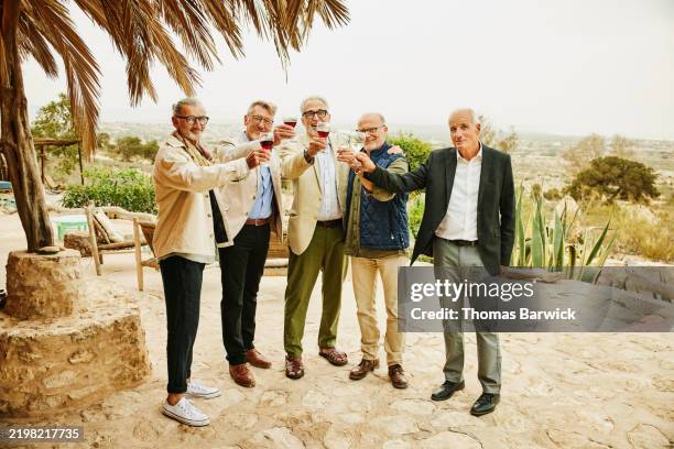 wide shot senior male friends toasting with groom at wedding reception - beige trousers stock pictures, royalty-free photos & images
