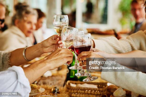 medium shot friends toasting during wedding reception dinner - brindar fotografías e imágenes de stock