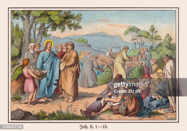 feeding of the five thousand (john 6), chromolithograph, published ca. 1898 - miracle stock illustrations