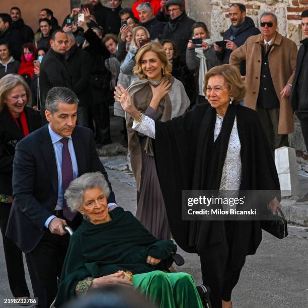 Spain's Emeritus Queen Sofia, her daughter Infanta Cristina of Spain, and her sister Princess Irene is seen arriving for the wedding of Nicholas of...