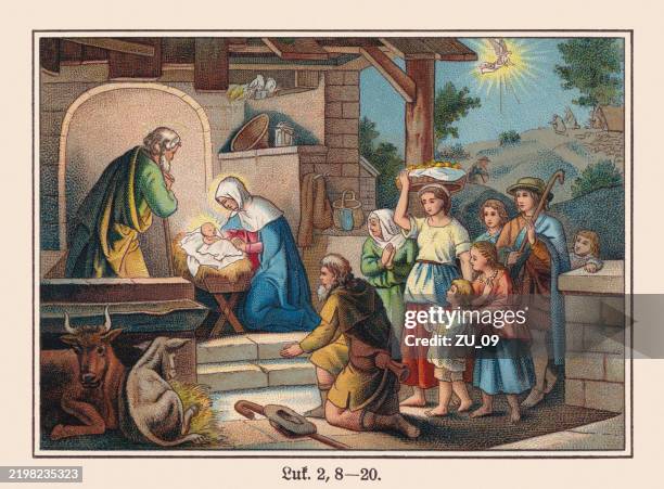 bildbanksillustrationer, clip art samt tecknat material och ikoner med the birth of jesus (luke 2), chromolithograph, published ca. 1898 - julkrubba