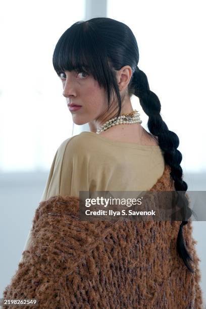 Model walks the runway for 7 Slow Fashion during the Flying Solo February 2025 Runway Show on February 07, 2025 in New York City.