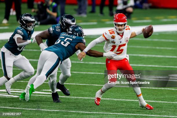Patrick Mahomes of the Kansas City Chiefs scrambles during Super Bowl LIX between the Kansas City Chiefs and the Philadelphia Eagles on Sunday,...
