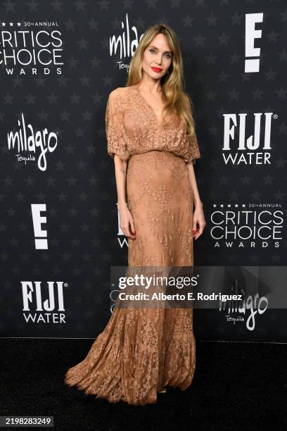 Angelina Jolie attends FIJI Water at The 30th Critics Choice Awards at Barker Hangar on February 07, 2025 in Santa Monica, California.