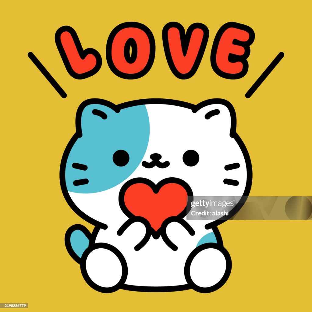 A cute calico cat, sitting, holding a love heart