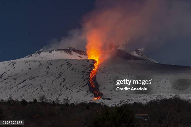 View of Mount Etna seen from Adrano, Catania, which is producing a new eruption on 11 February 2025. A new eruption of Mount Etna began in the...