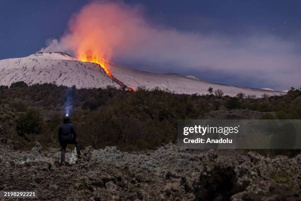 View of Mount Etna seen from Adrano, Catania, which is producing a new eruption on 11 February 2025. A new eruption of Mount Etna began in the...