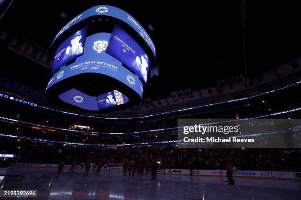 The Chicago Blackhawks and the Nashville Predators observe a moment of silence for Chicago Bears owner Virginia Halas McCaskey who passed away this...