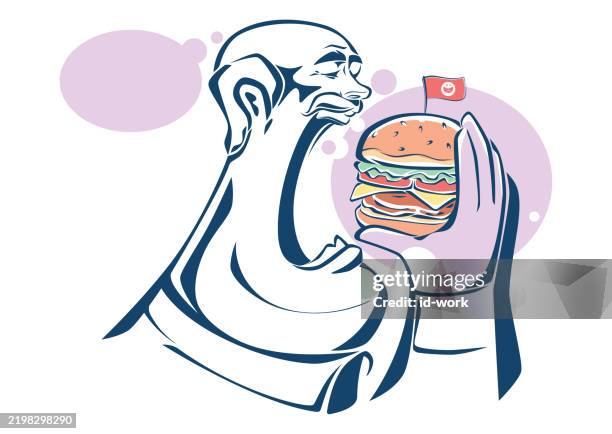 senior man going to eat hamburger - fine lines face stock illustrations