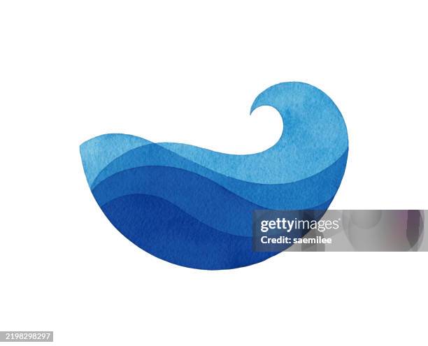 ilustraciones, imágenes clip art, dibujos animados e iconos de stock de símbolo de las olas azules de la acuarela - olas rompientes