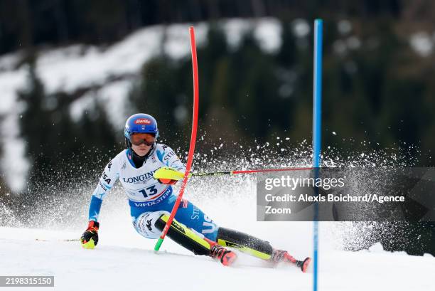 Mikaela Shiffrin of Team United States competes during the FIS Alpine World Ski Championships Women's Team Combined on February 11, 2025 in Saalbach,...
