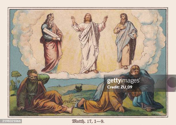 transfiguration of christ (matthew 17, 1-9), chromolithograph, published ca. 1898 - new testament stock illustrations
