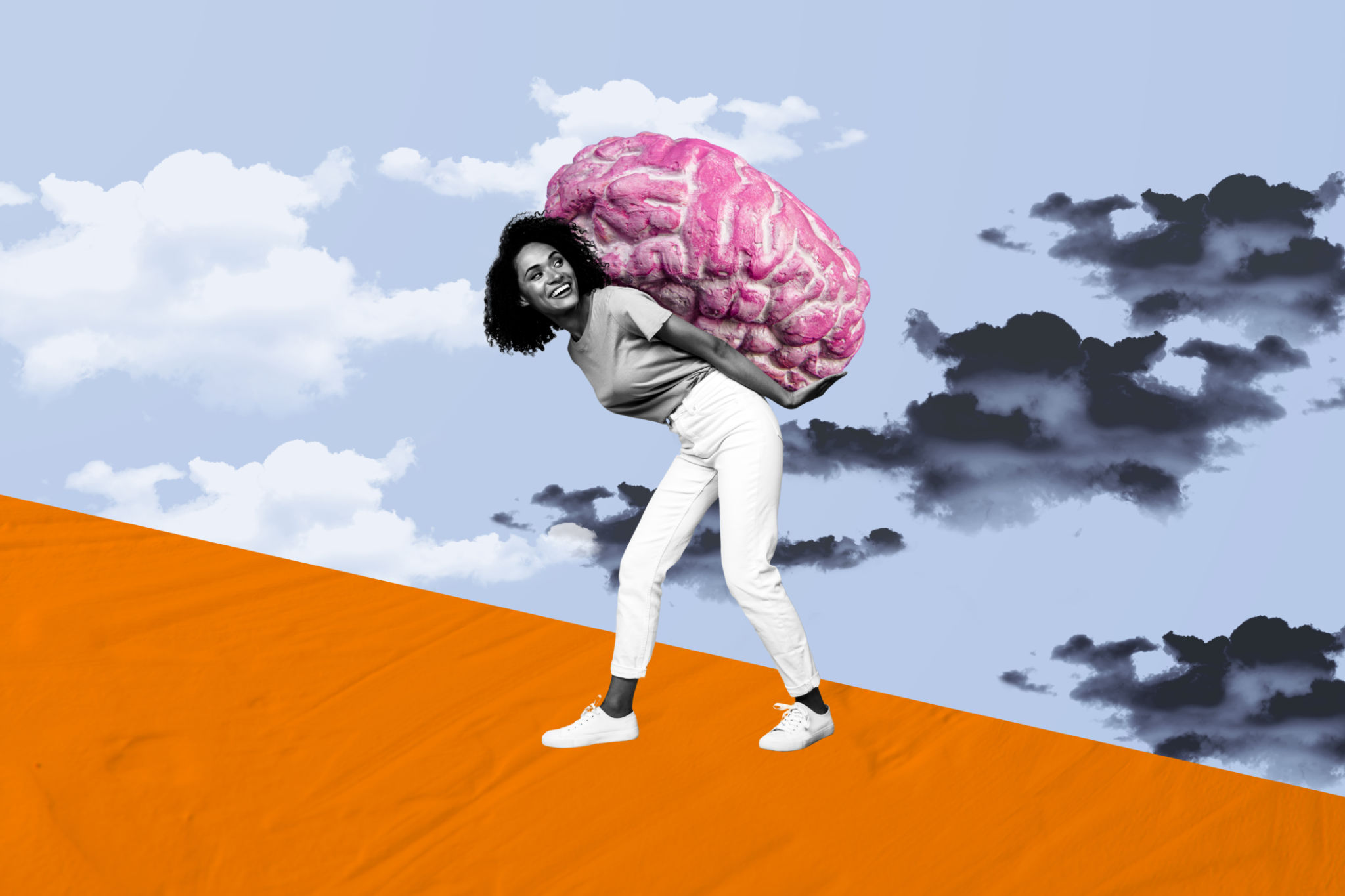 Composite trend artwork sketch image 3D photo collage of pensive young lady carry delivery on back huge brain think solve puzzle Composite trend artwork sketch image 3D photo collage of pensive young lady carry delivery on back huge brain think solve puzzle