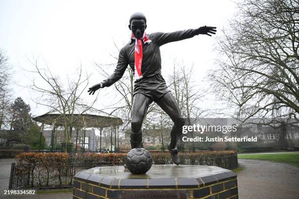 Statue of Laurie Cunningham is seen outside the stadium prior to the Emirates FA Cup Fourth Round match between Leyton Orient and Manchester City at...